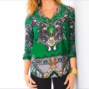 Chicos Tunic Top Geometric Silk Look Peasant  Emerald Green XL